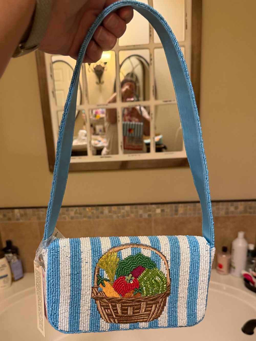 Beaded Blue Striped Shoulder Bag with Embroidered Basket